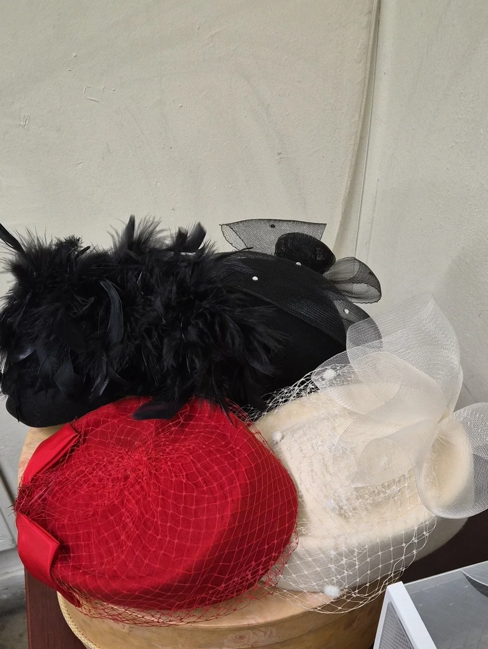 Elegant Women's Veiled Pillbox Hat - Red, Black, Cream. Set 4